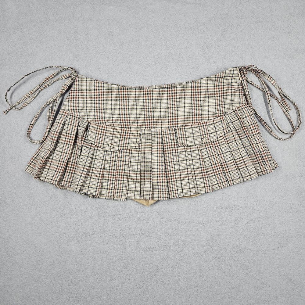 Edikted Mini Skort Womens XS Brown Plaid Pleated Micro Y2K Schoolgirl Side Ties